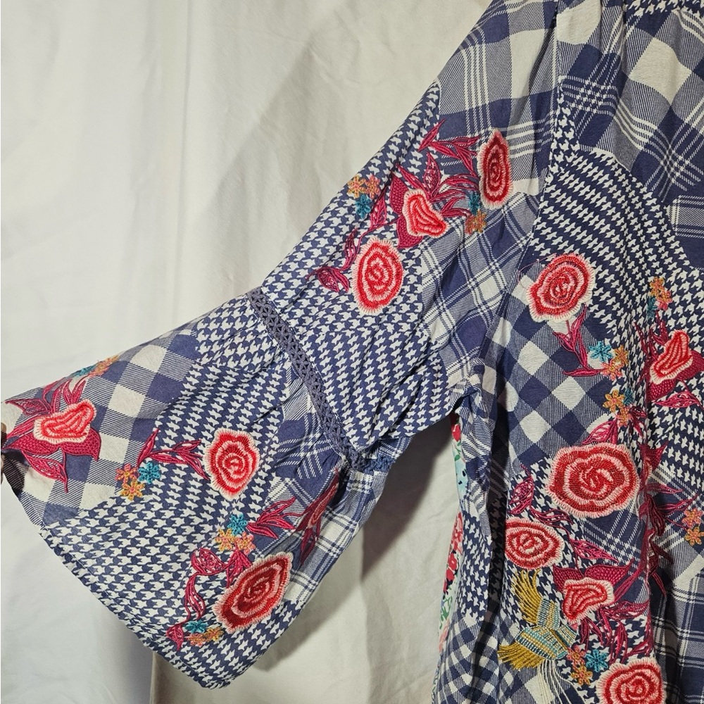 Blue Plaid Button-Down Shirt with Pink Rose Embroidery - Picture 4 of 6